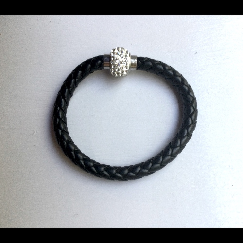 NWT Black Braided Leather Bracelet with Magnetic Rhinestone Inlay Clasp